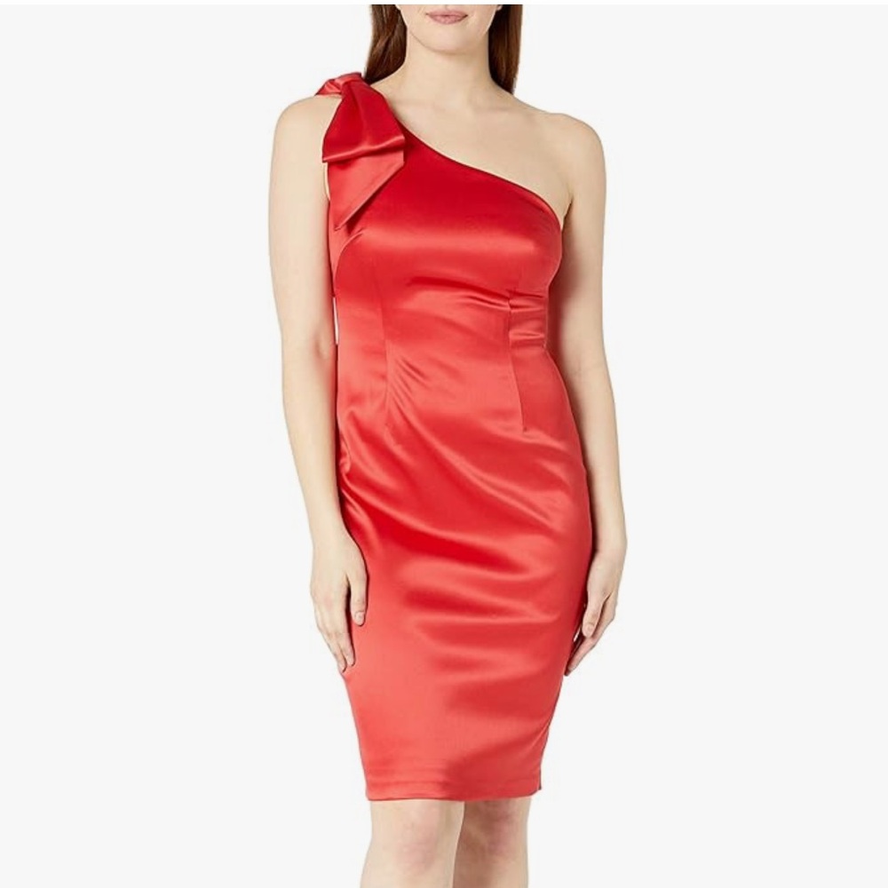 Eliza J One Shoulder Sheath Dress Knee Length Bow Red Women’s 14 Cocktail Party